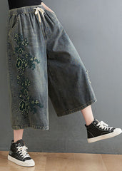 Pantalones cortos vaqueros de algodón con cintura elástica, bolsillos bordados y cordón azul vintage