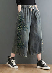 Pantalones cortos vaqueros de algodón con cintura elástica, bolsillos bordados y cordón azul vintage