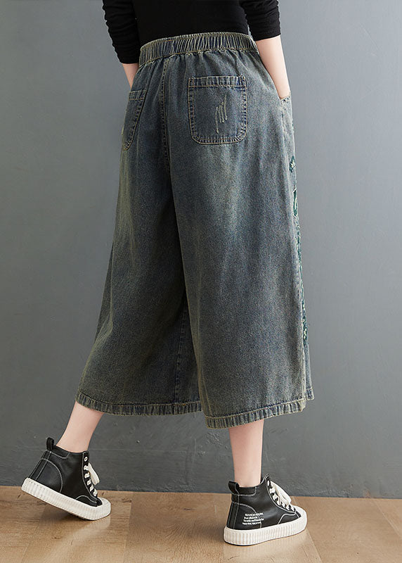 Pantalones cortos vaqueros de algodón con cintura elástica, bolsillos bordados y cordón azul vintage