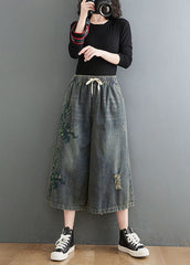Pantalones cortos vaqueros de algodón con cintura elástica, bolsillos bordados y cordón azul vintage
