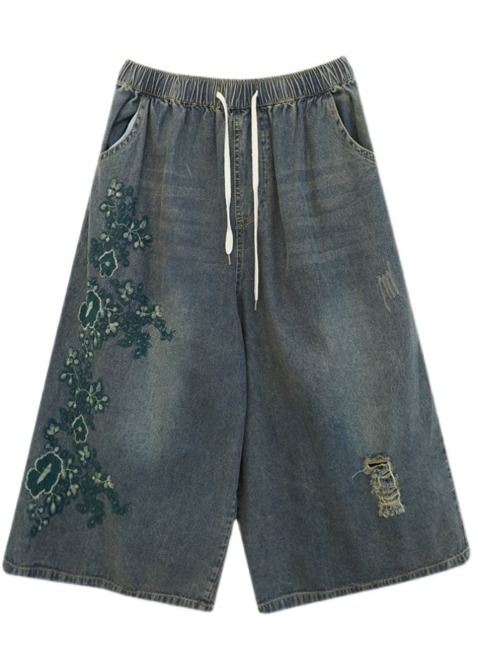 Pantalones cortos vaqueros de algodón con cintura elástica, bolsillos bordados y cordón azul vintage