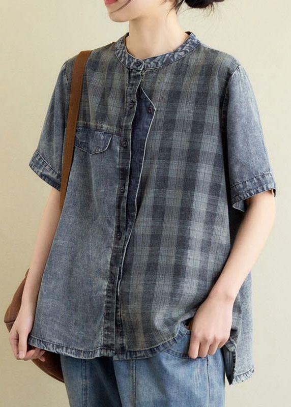 Vintage Blue Grey Denim Plaid Patchwork Tops Short Sleeve