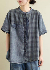 Vintage Blue Grey Denim Plaid Patchwork Tops Short Sleeve