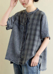 Vintage Blue Grey Denim Plaid Patchwork Tops Short Sleeve