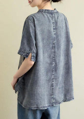 Vintage Blue Grey Denim Plaid Patchwork Tops Short Sleeve