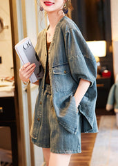 Vintage Blue O-Neck Patchwork Denim Shirt And Shorts Two Pieces Set