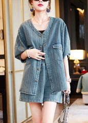 Vintage Blue O-Neck Patchwork Denim Shirt And Shorts Two Pieces Set