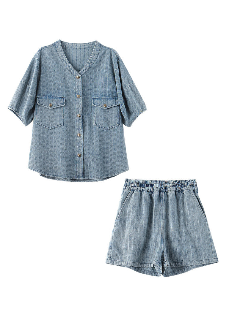 Vintage Blue O-Neck Patchwork Denim Shirt And Shorts Two Pieces Set