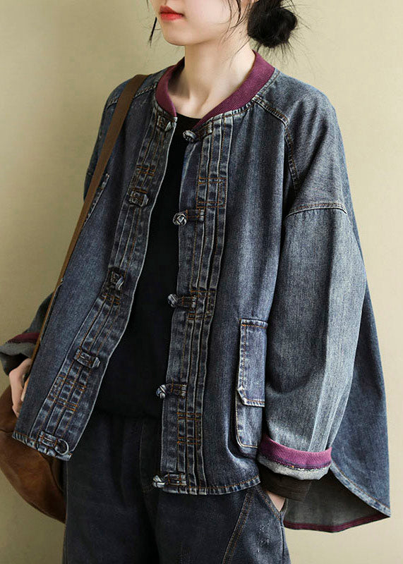 Vintage Blau O-Ausschnitt Patchwork Low High Design Baumwoll-Jeansmäntel