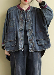 Vintage Blau O-Ausschnitt Patchwork Low High Design Baumwoll-Jeansmäntel