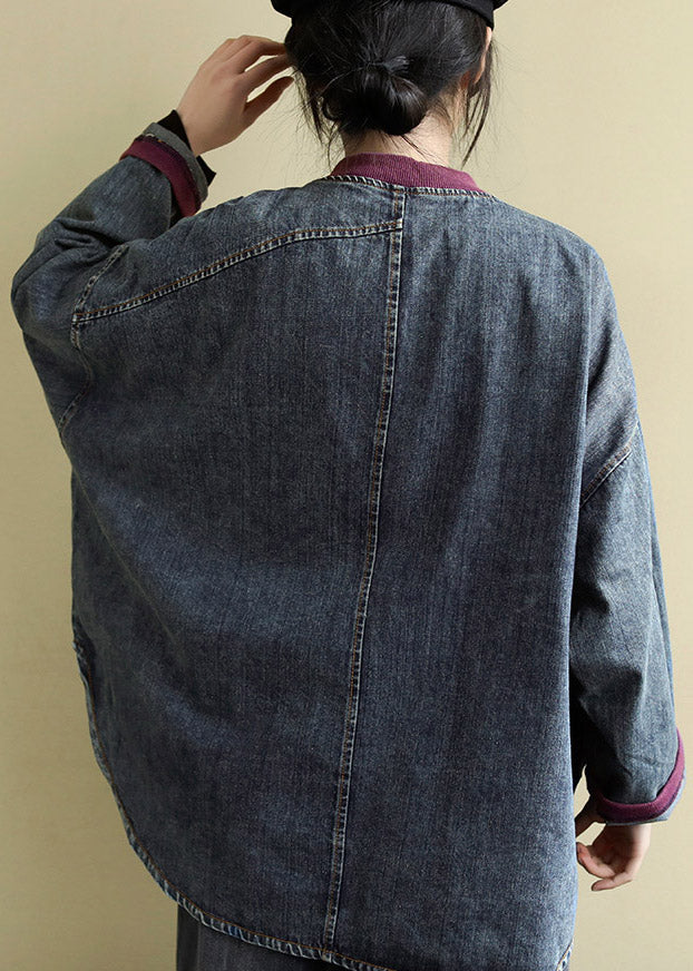 Vintage Blau O-Ausschnitt Patchwork Low High Design Baumwoll-Jeansmäntel