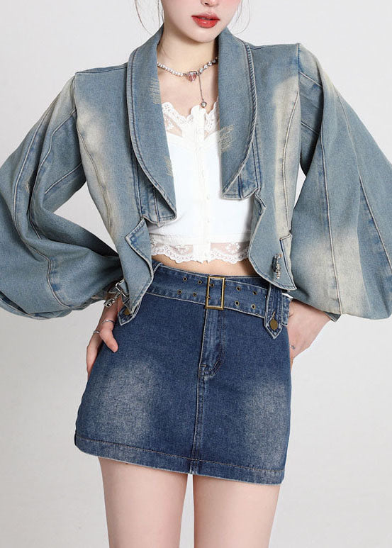 Vintage Blau Patchwork Denim Mäntel Laterne Ärmel