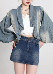 Vintage Blau Patchwork Denim Mäntel Laterne Ärmel