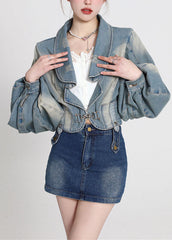 Vintage Blau Patchwork Denim Mäntel Laterne Ärmel