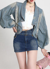 Vintage Blau Patchwork Denim Mäntel Laterne Ärmel