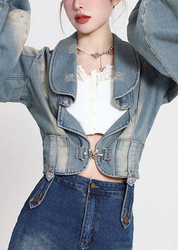 Vintage Blau Patchwork Denim Mäntel Laterne Ärmel