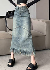 Vintage Blue Patchwork Tassel Denim Maxi Skirts