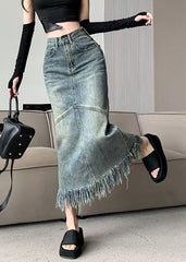 Vintage Blue Patchwork Tassel Denim Maxi Skirts