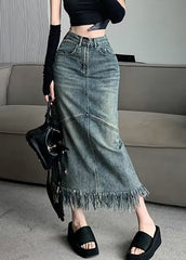 Vintage Blue Patchwork Tassel Denim Maxi Skirts