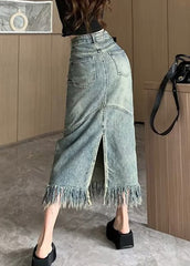 Vintage Blue Patchwork Tassel Denim Maxi Skirts