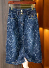 Vintage Blue Print High Waist Button Denim A-Linienröcke