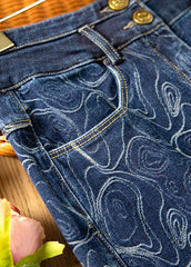 Vintage Blue Print High Waist Button Denim A-Linienröcke