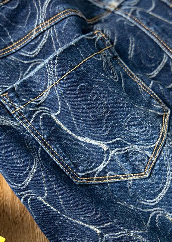Vintage Blue Print High Waist Button Denim A-Linienröcke