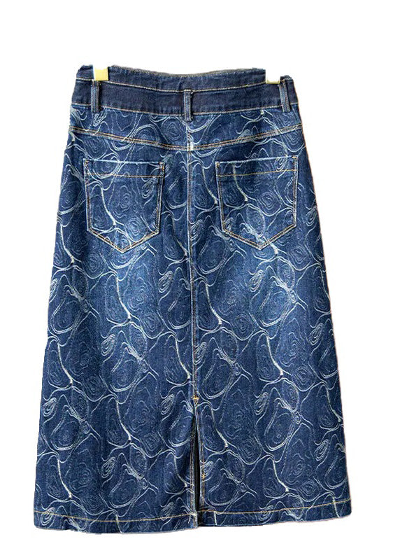 Vintage Blue Print High Waist Button Denim A-Linienröcke
