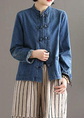 Vintage Blau Stehkragen Patchwork Knopf Taschen Baumwolle Denim Mantel Langarm