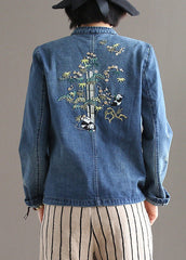 Vintage Blau Stehkragen Patchwork Knopf Taschen Baumwolle Denim Mantel Langarm