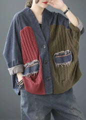 Abrigo vaquero vintage de punto con cuello en V y patchwork de manga larga en azul