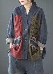 Abrigo vaquero vintage de punto con cuello en V y patchwork de manga larga en azul