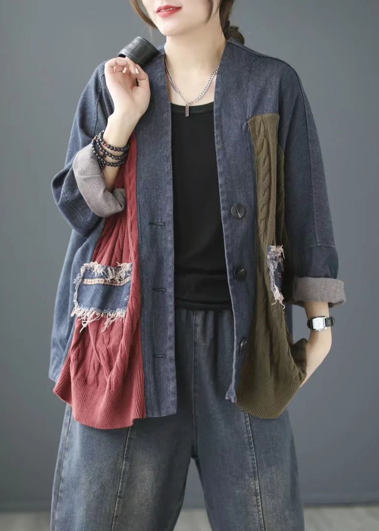 Abrigo vaquero vintage de punto con cuello en V y patchwork de manga larga en azul