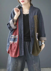 Abrigo vaquero vintage de punto con cuello en V y patchwork de manga larga en azul