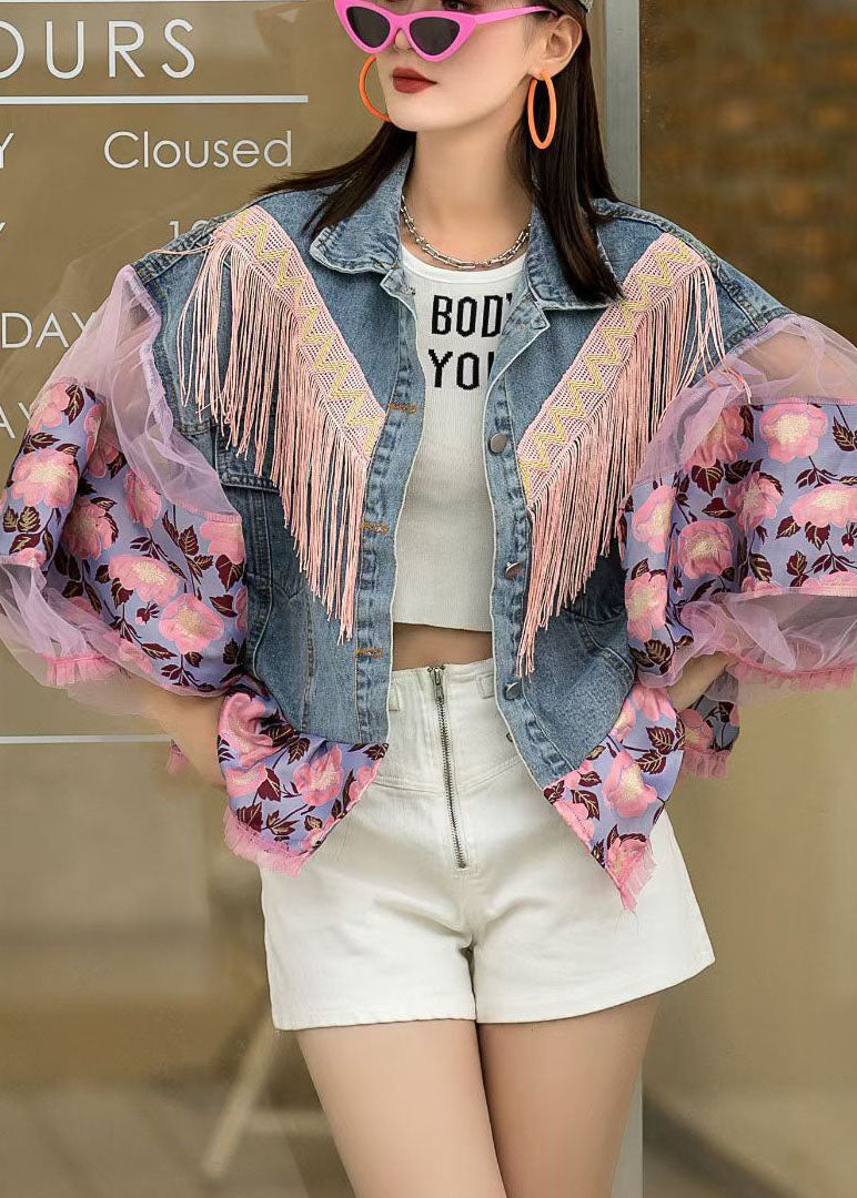 Chaquetas vaqueras vintage de otoño con botones y patchwork de manga farol azul