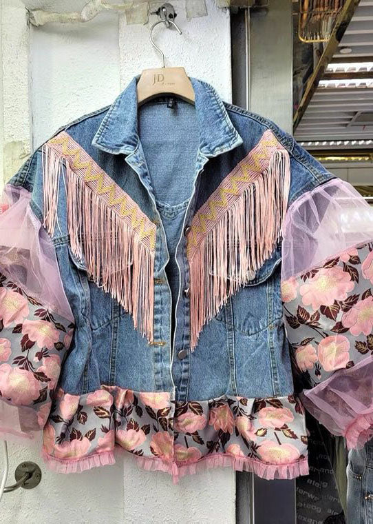 Chaquetas vaqueras vintage de otoño con botones y patchwork de manga farol azul