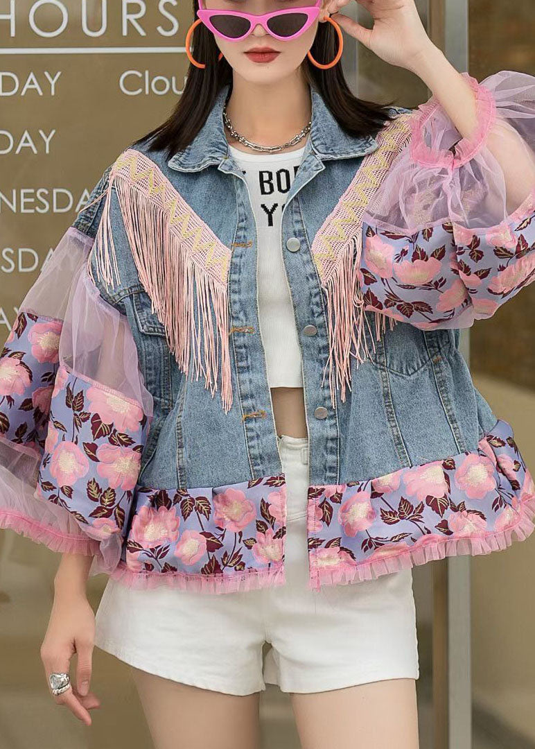 Chaquetas vaqueras vintage de otoño con botones y patchwork de manga farol azul