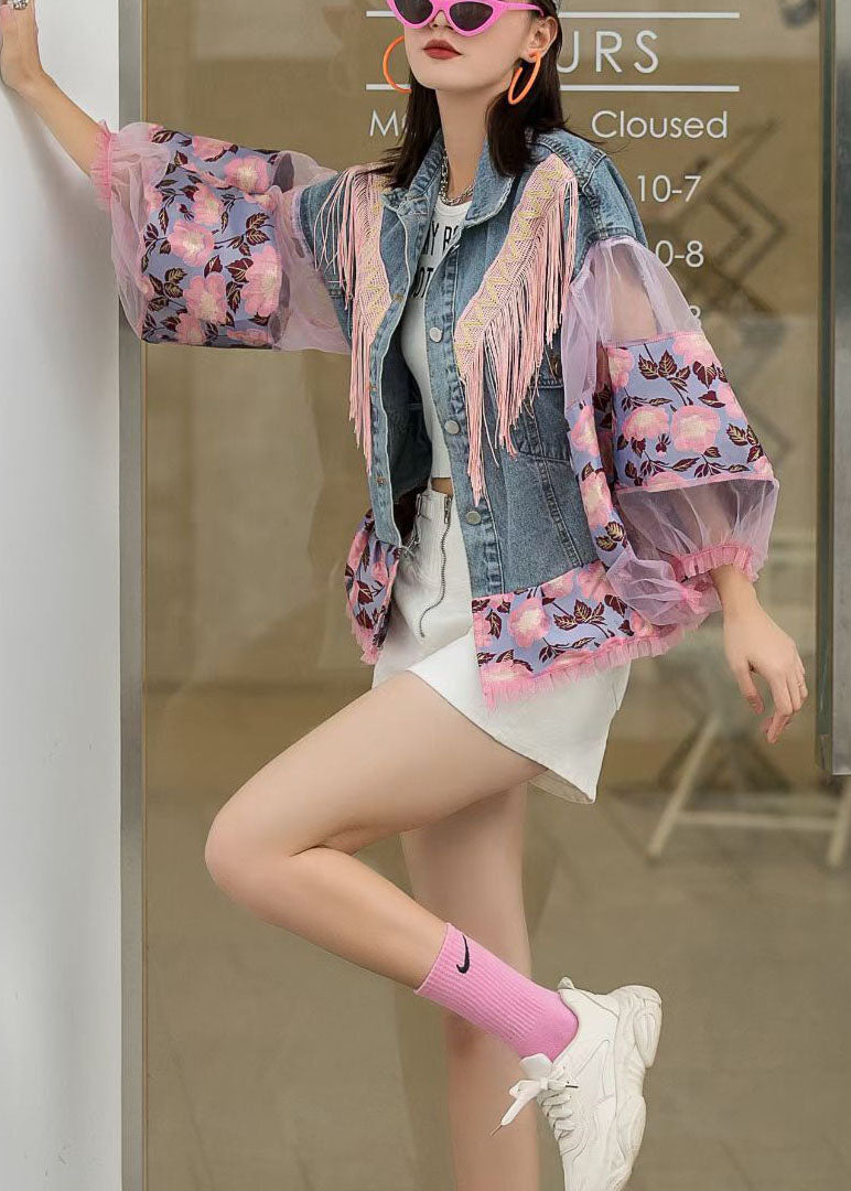 Chaquetas vaqueras vintage de otoño con botones y patchwork de manga farol azul