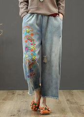 Vintage Denim Blue Elastic Waist Embroideried Cotton Wide Leg Pants