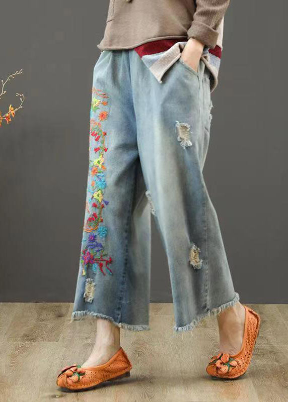 Vintage Denim Blue Elastic Waist Embroideried Cotton Wide Leg Pants