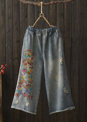 Vintage Denim Blue Elastic Waist Embroideried Cotton Wide Leg Pants