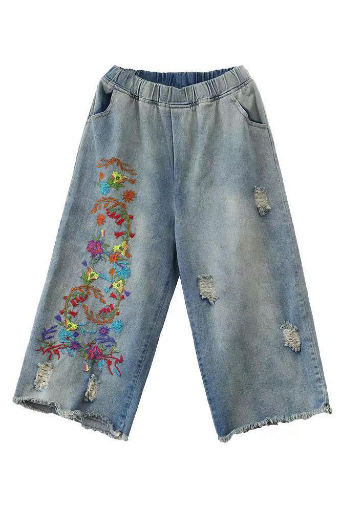 Vintage Denim Blue Elastic Waist Embroideried Cotton Wide Leg Pants
