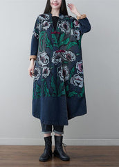 Vintage Denim Blau V-Ausschnitt Patchwork Print Baumwollmäntel