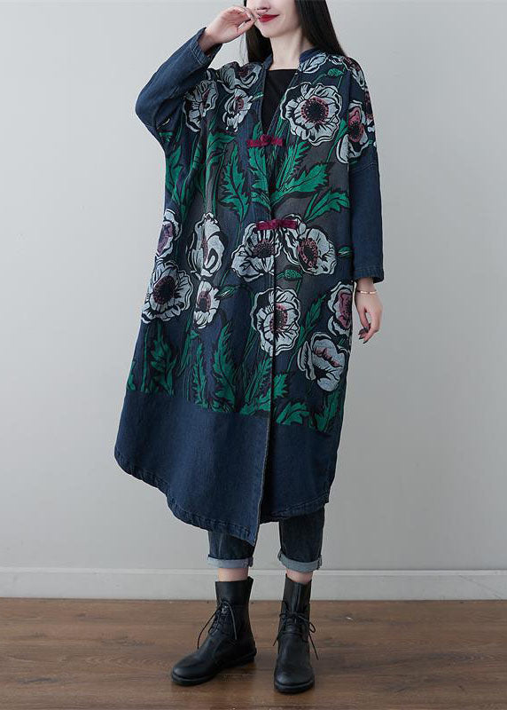Vintage Denim Blau V-Ausschnitt Patchwork Print Baumwollmäntel