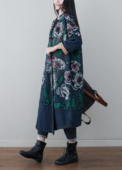 Vintage Denim Blau V-Ausschnitt Patchwork Print Baumwollmäntel