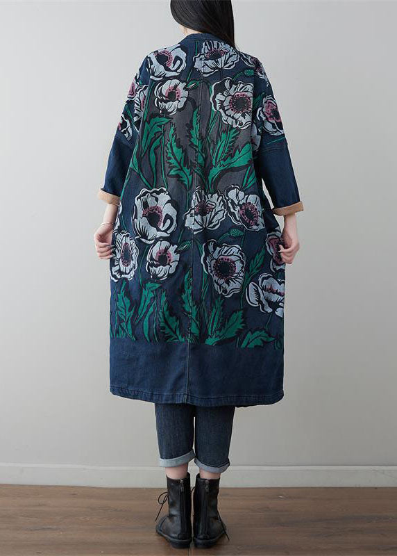 Vintage Denim Blau V-Ausschnitt Patchwork Print Baumwollmäntel