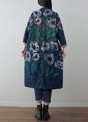 Vintage Denim Blau V-Ausschnitt Patchwork Print Baumwollmäntel
