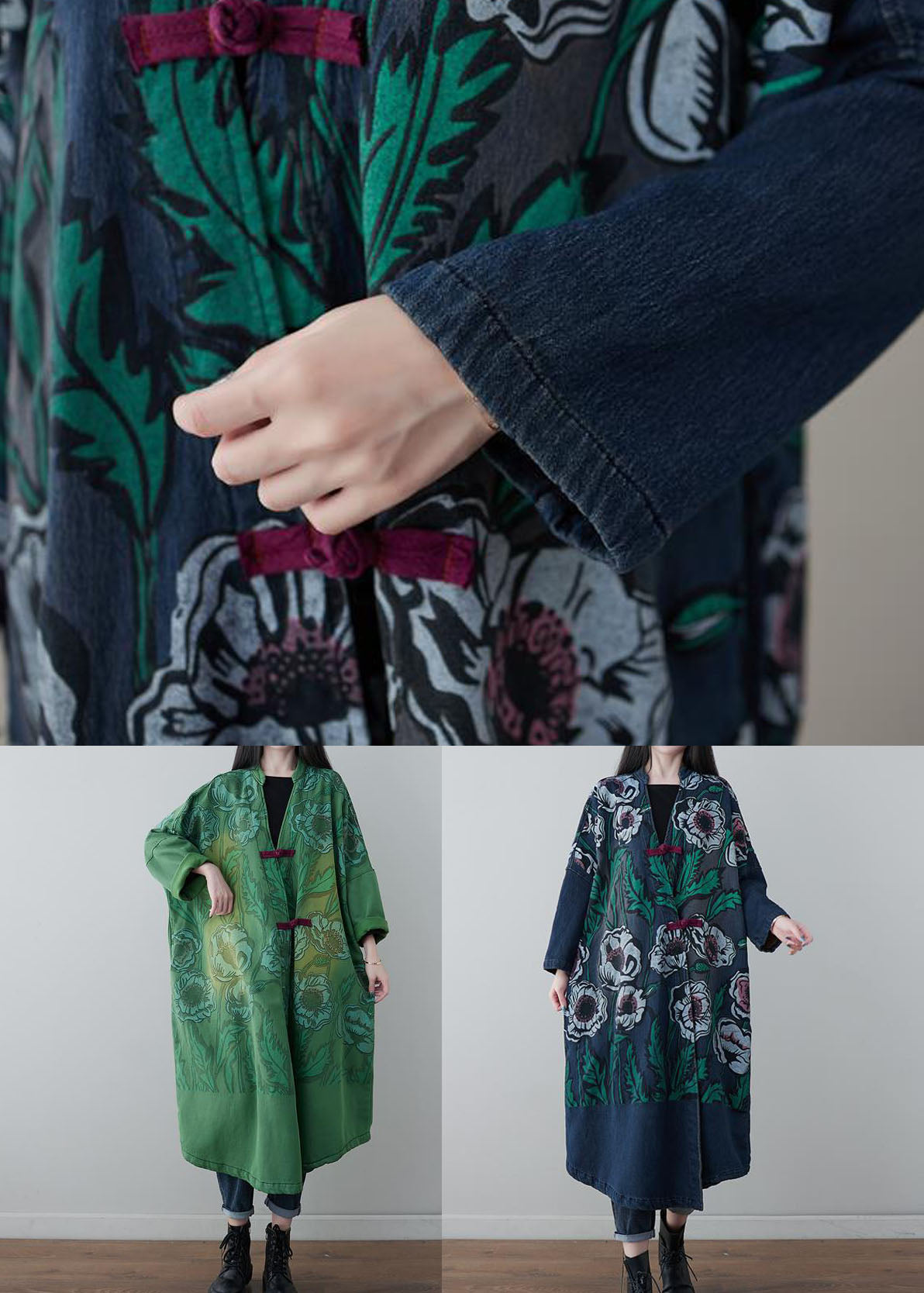 Vintage Denim Blau V-Ausschnitt Patchwork Print Baumwollmäntel