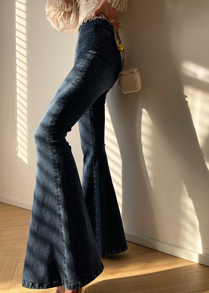 Pantalones acampanados de mezclilla azul vintage con bolsillos de cintura alta y cremallera para otoño