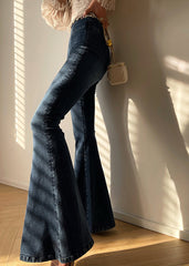 Pantalones acampanados de mezclilla azul vintage con bolsillos de cintura alta y cremallera para otoño